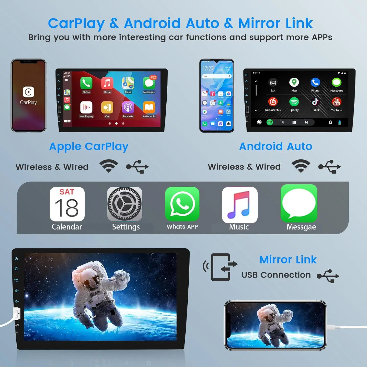 Radio de 9 pulgadas con CarPlay inalámbrico, Bluetooth y pantalla táctil