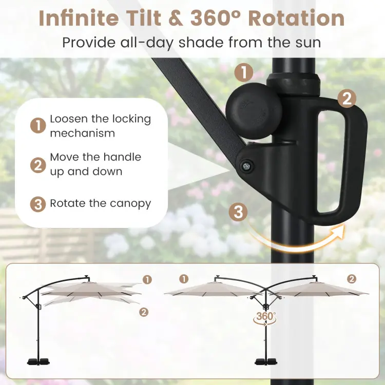 Sombrilla solar voladiza para patio de 10 pies con base — Sombrilla colgante descentrada para exteriores con 96 luces LED, 9 modos, ajuste de inclinación y rotación de 360° con manivela — Ideal para piscinas, patios, terrazas y jardines — Ofertas exclusiv
