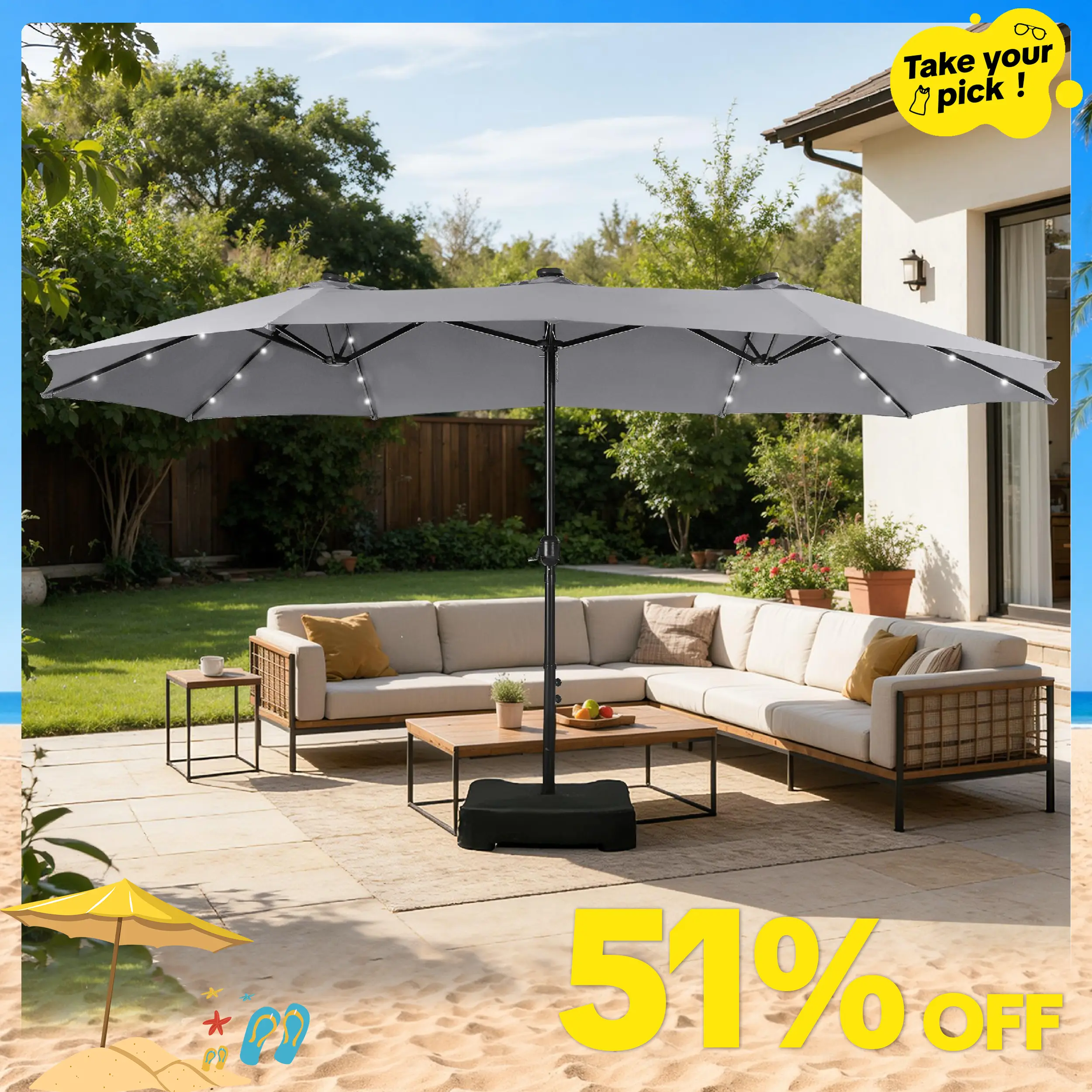 [Summer Vibes] Sombrilla de Patio Extra Grande de 15 pies, de Doble Cara, con Base y Luces LED — Amplia Estructura de Acero, Protección UV, Base Metálica Incluida, Práctica Manivela