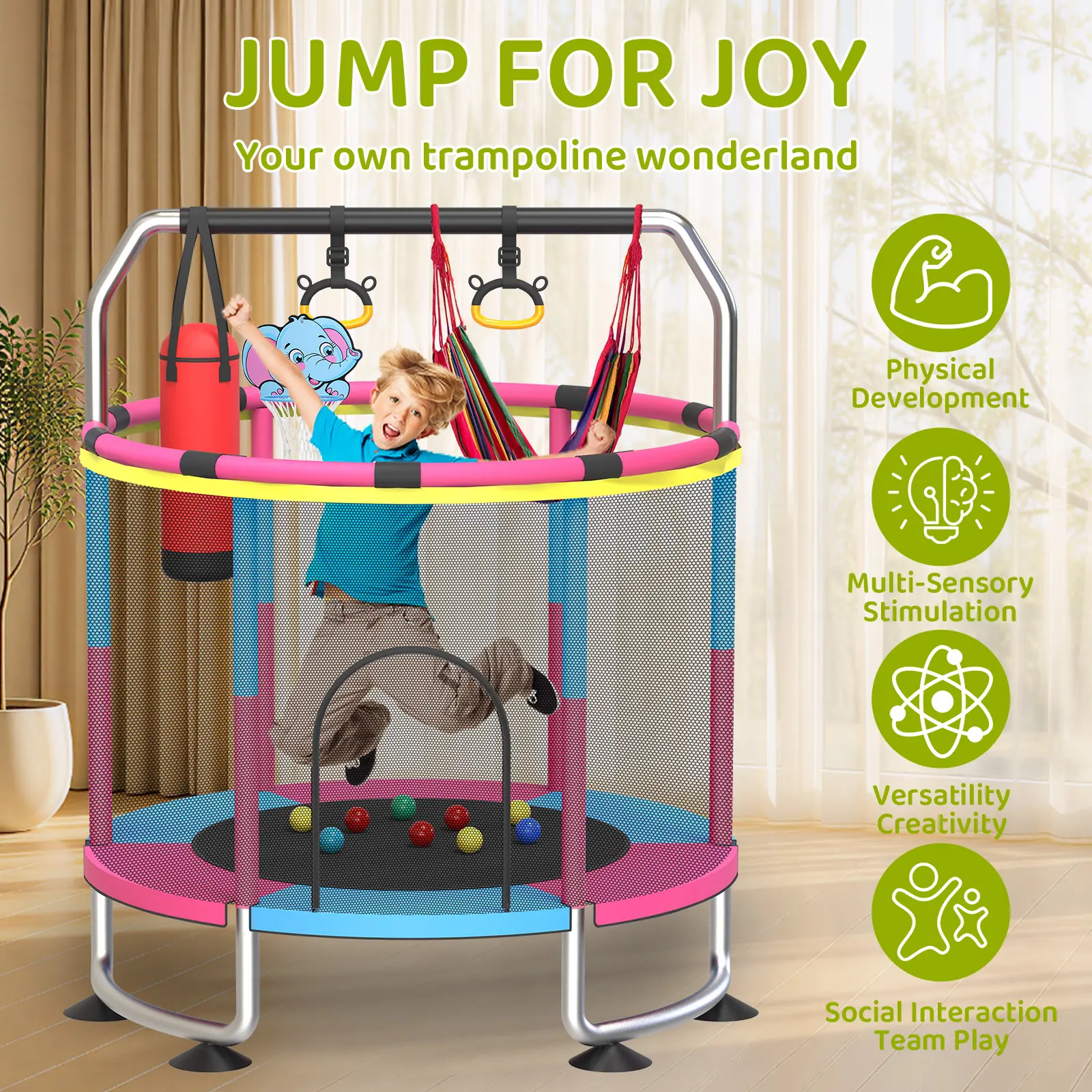 #Summervibes, Cama elástica de 5 pies para interiores (niños de 3 a 6 años) y exteriores (niños pequeños), con red de seguridad y juguetes — Capacidad de 440 lbs