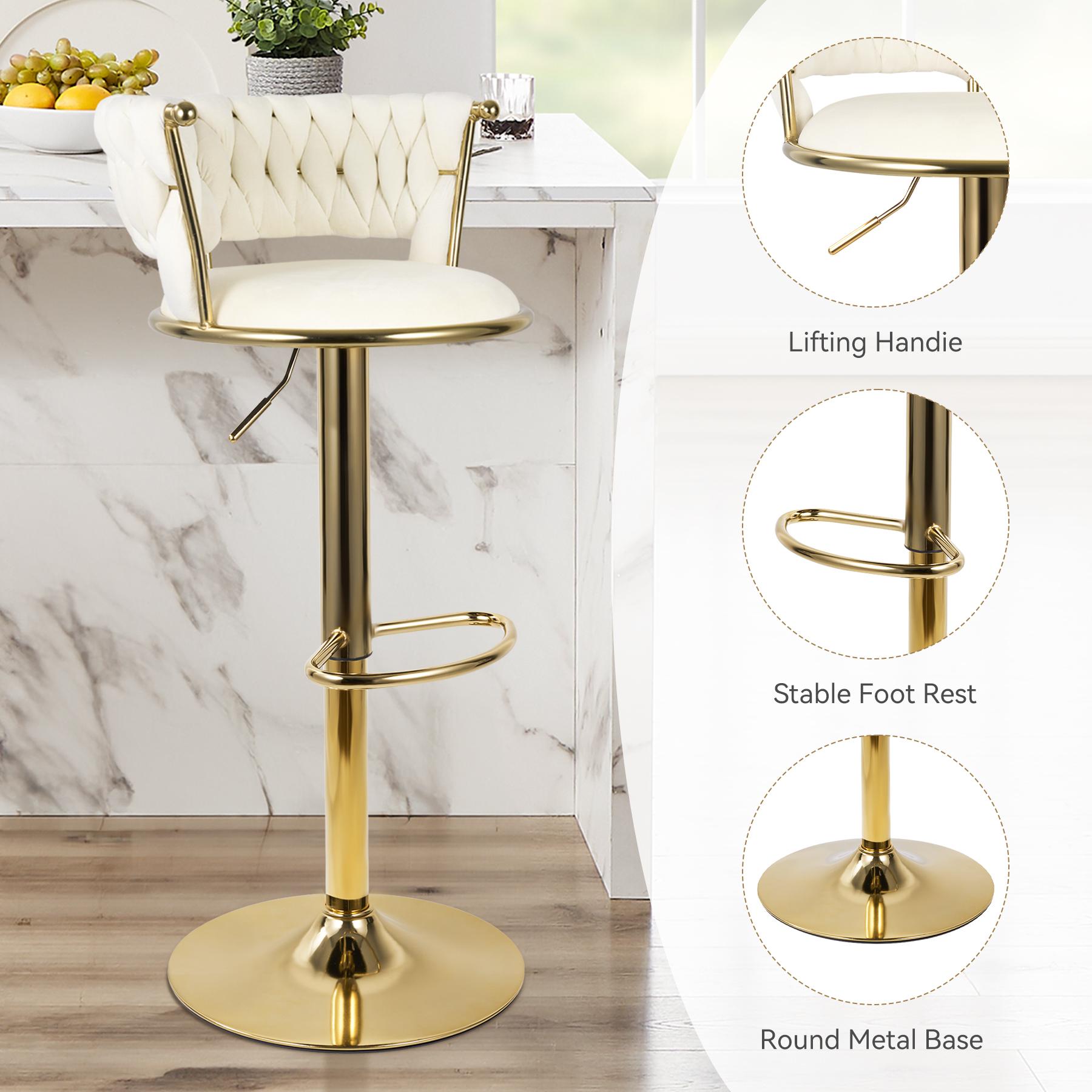 Modern Swivel Woven Velvet Bar Stools, Stool, 360° Swivel Adjustable Height Bar Stool with Backs Golden Metal Tall Bar Stools Counter Height for Kitchen Island, for Christmas, Festival,,dorm essentials,home decor