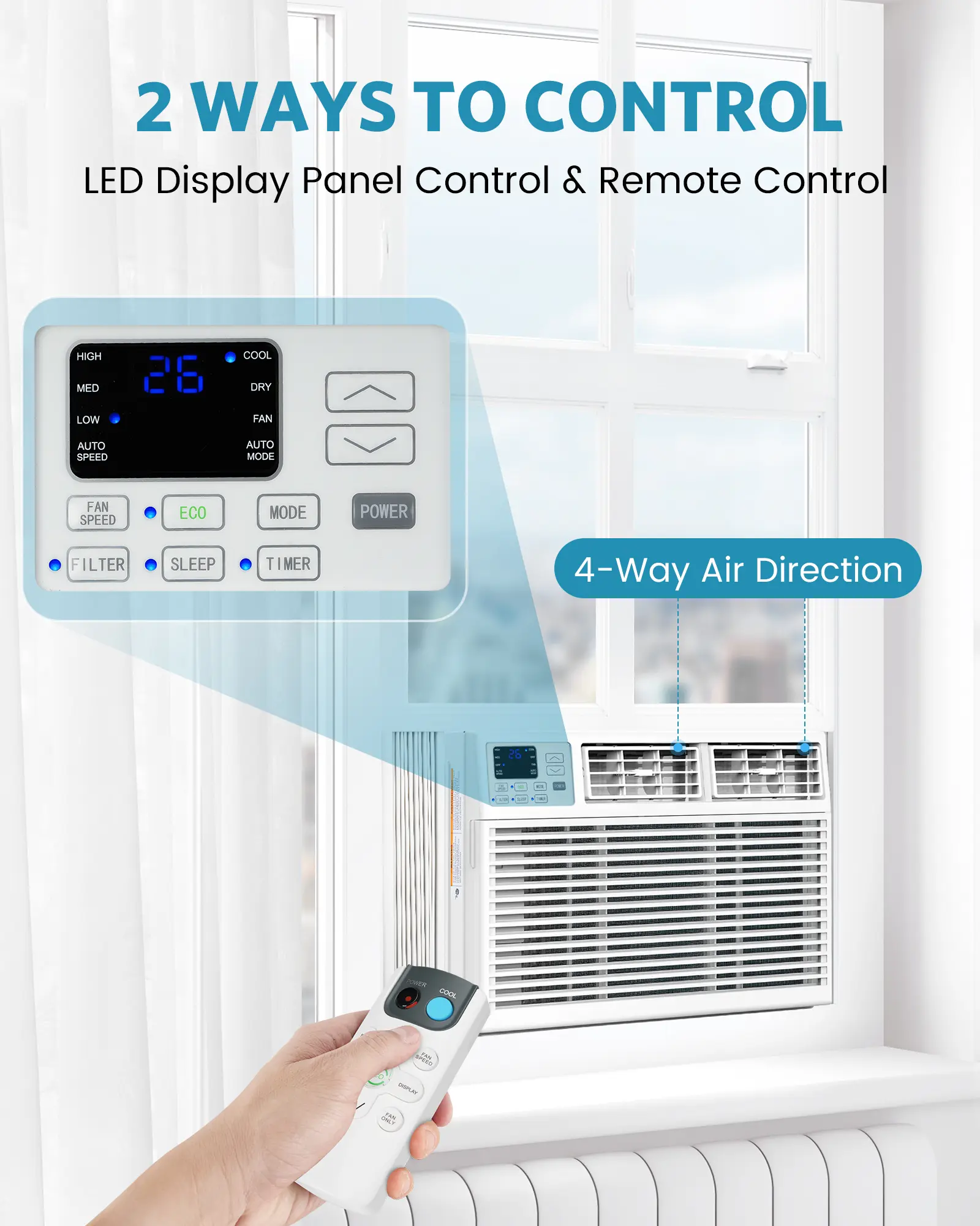 Aire acondicionado de ventana de 5000 a 14000 BTU, unidad de aire acondicionado para ventanas con capacidad de enfriamiento de hasta 350 pies cuadrados, 4 modos y 3 velocidades de ventilador, temporizador de 24 horas, control remoto, funcionamiento silenc