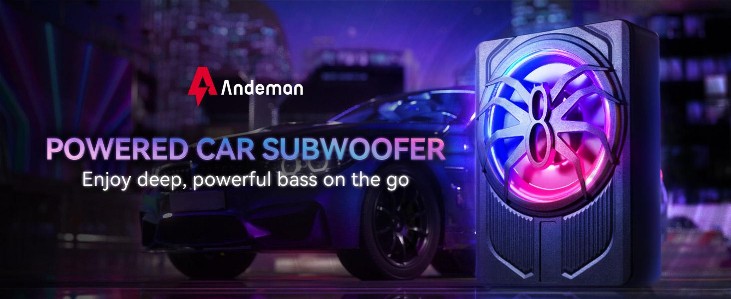 ANDEMAN Car Subwoofer with APP Control and Colour Light, 10'' Slim Under Seat Powered Car Subwoofer w/Built-in Amplifier & Hi/Lo Input, Bass Speaker Subwoofer for Car/Truck/SUV/Jeep/MPV