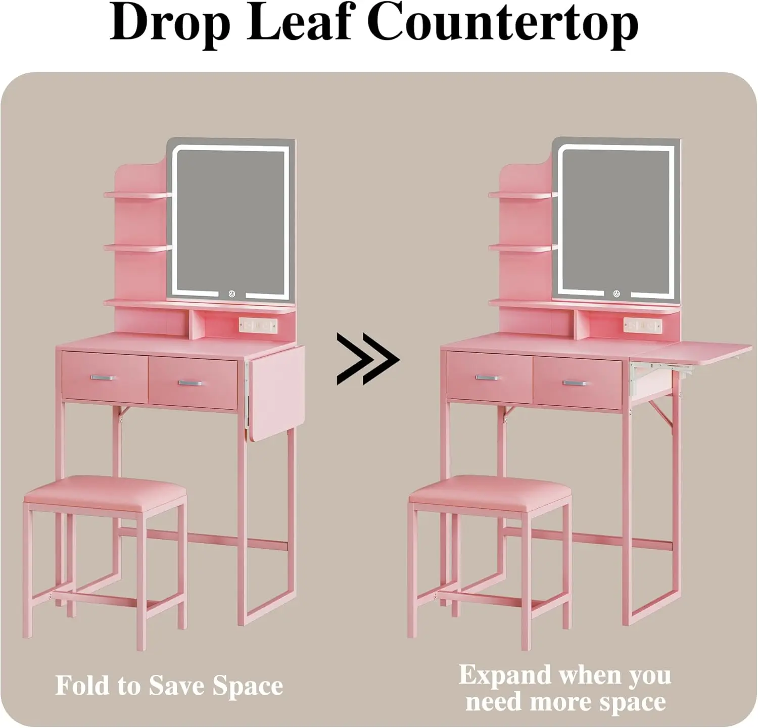 Tocador de maquillaje con espejo y luces, tocador compacto con cajón de almacenamiento de tela, silla y estantes; tocador rosa con panel abatible y toma de corriente para dormitorio.