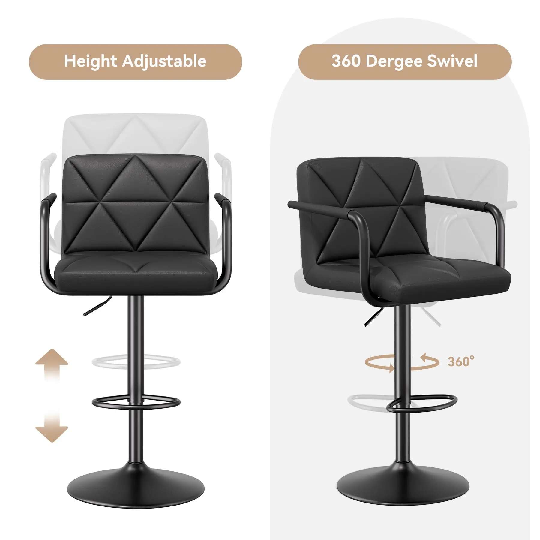 Oferta especial: Juego de 2 taburetes de bar — Altura ajustable (25.5-34.5 pulgadas), con respaldo y reposabrazos; sillas giratorias tapizadas en cuero sintético, altura de mostrador.