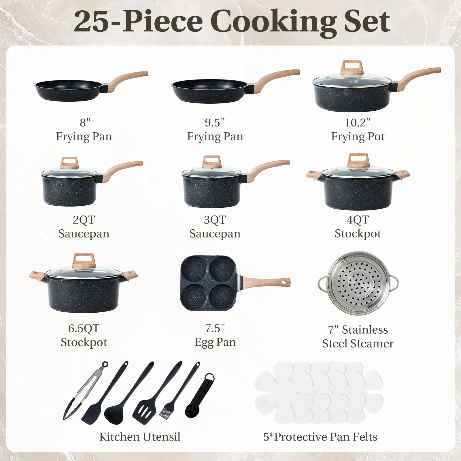 Juego de utensilios de cocina de 25 piezas, robusto y antiadherente, con revestimiento cerámico y de granito; ollas y sartenes ligeras de aluminio con tapas de vidrio, asas que se mantienen frías y compatibilidad con cocinas de inducción para una cocina s