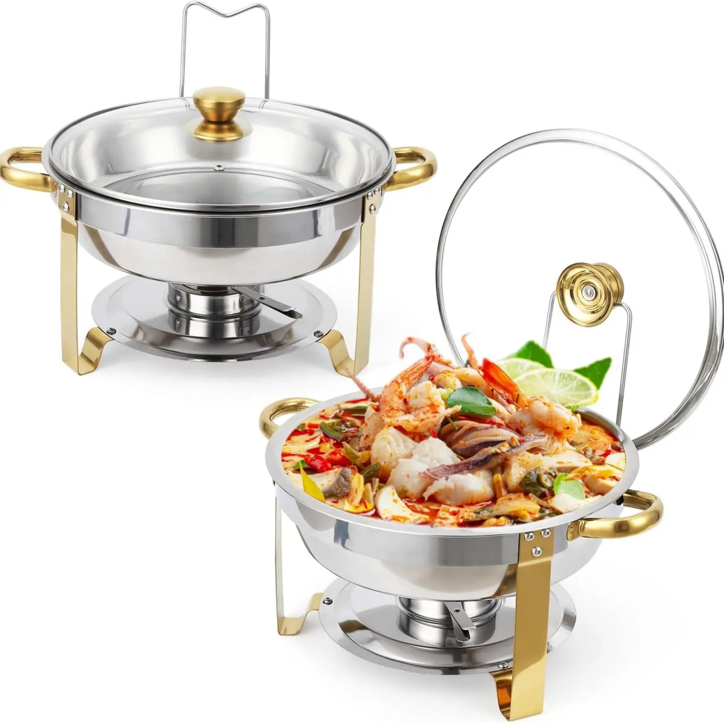 Juego de 4 Calentadores de Comida Redondos de Acero Inoxidable (5 Qt) para Buffet — Utensilios de Cocina con Retención de Calor, Tapa de Cristal Visible, Soporte para Tapa, Bandejas para Alimentos y Agua — Accesorios de Cocina en Acabado Dorado — Ideal pa