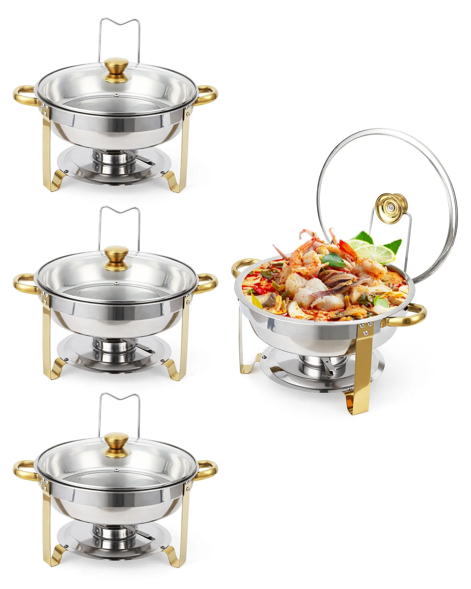 Juego de 4 Calentadores de Comida Redondos de Acero Inoxidable (5 Qt) para Buffet — Utensilios de Cocina con Retención de Calor, Tapa de Cristal Visible, Soporte para Tapa, Bandejas para Alimentos y Agua — Accesorios de Cocina en Acabado Dorado — Ideal pa