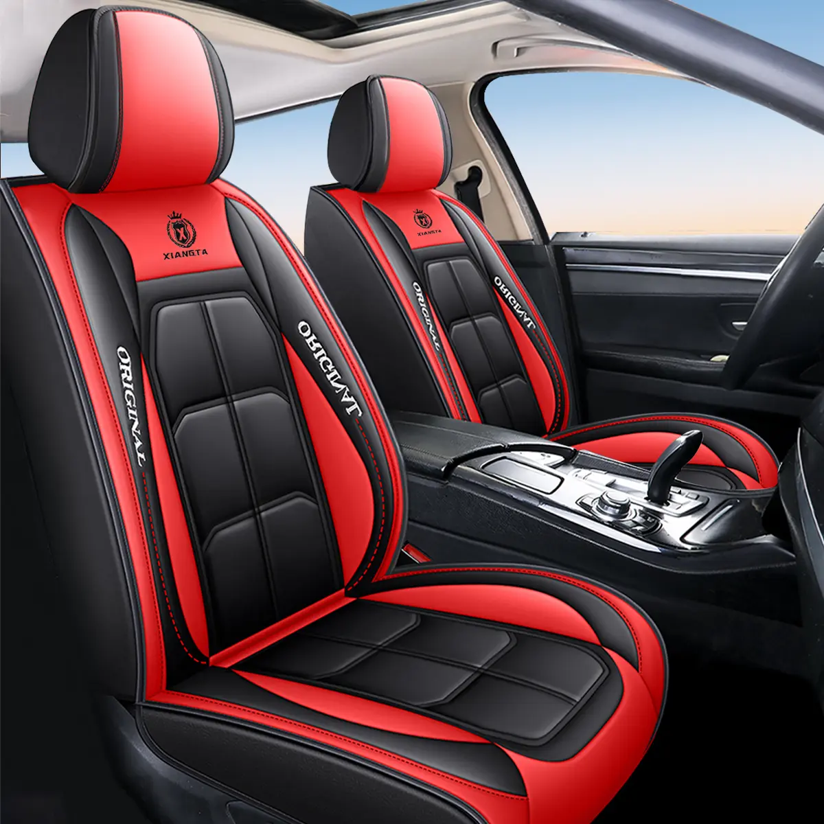 Fundas de cuero de lujo para asientos de coche (juego completo para 5 plazas), diseño universal compatible con airbags, material impermeable y fácil de limpiar; color negro con costuras en azul y detalles en rojo; ideal para camionetas y automóviles (rega