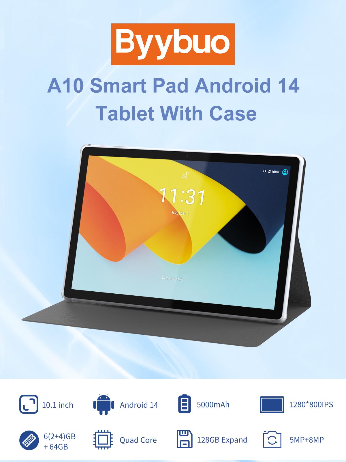 BYYBUO 10.1 Inch Screen Protector Tablets Android 14 with Case Pad, 6(2+4)GB+ 64GB,  Quad-Core Processor,5+8MP Dual Camera for Gift - Bluetooth Wireless Outdoorfun Rear Smartphone Cellphone