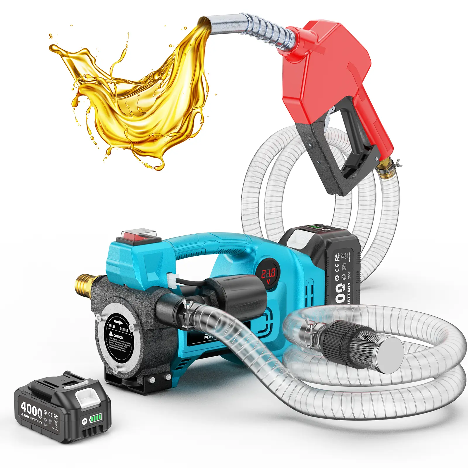 Bomba de transferencia de combustible 3 en 1 (21V/12V/24V), 12 GPM, motor de 160 W con batería de 4.0 Ah, boquilla de cierre automático, presostato y todos los accesorios necesarios para diésel y queroseno.