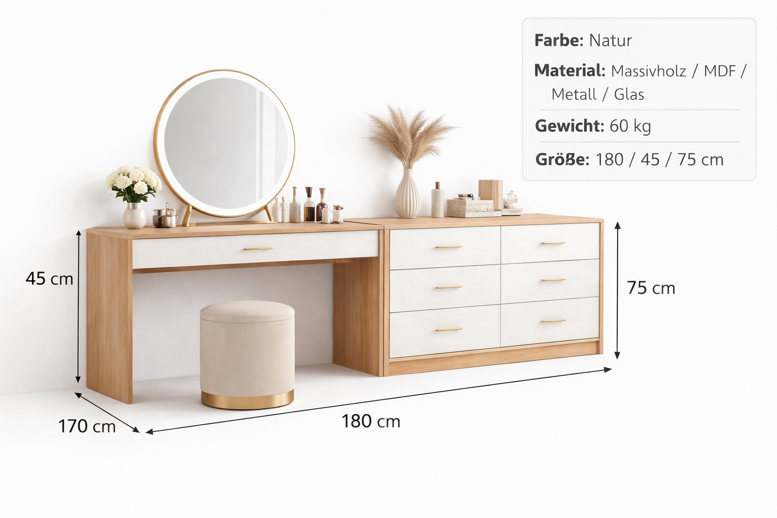 Schminktisch Set Natur Holz Modern Mit Kommode Gross
