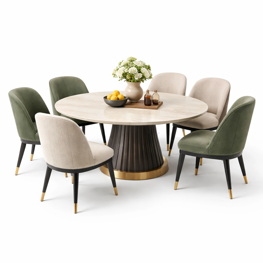 Esstisch Set Beige Gruen Rund Modern 6 Stuehle Komfort