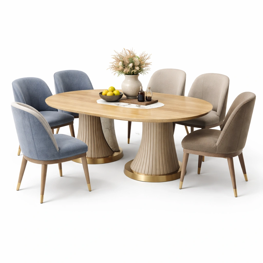 Esstisch Set Natur Blau Beige Oval 6 Stuehle Modern
