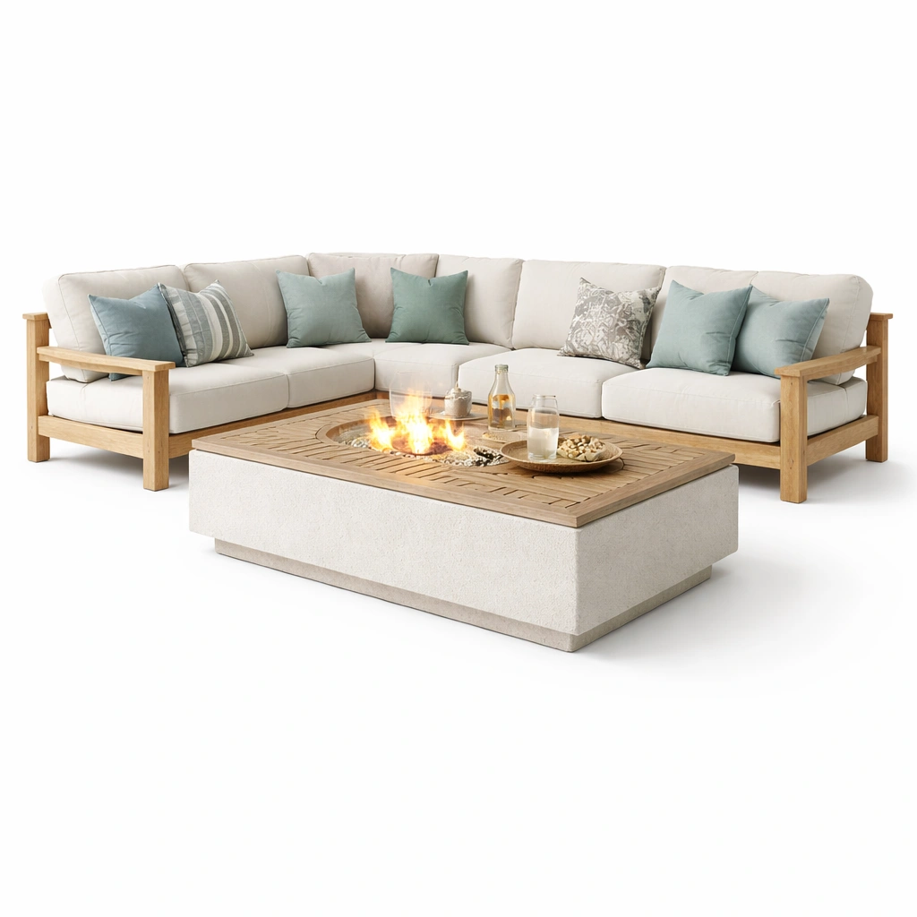 Garten Lounge Set Beige Holz Mit Feuer Tisch Modern