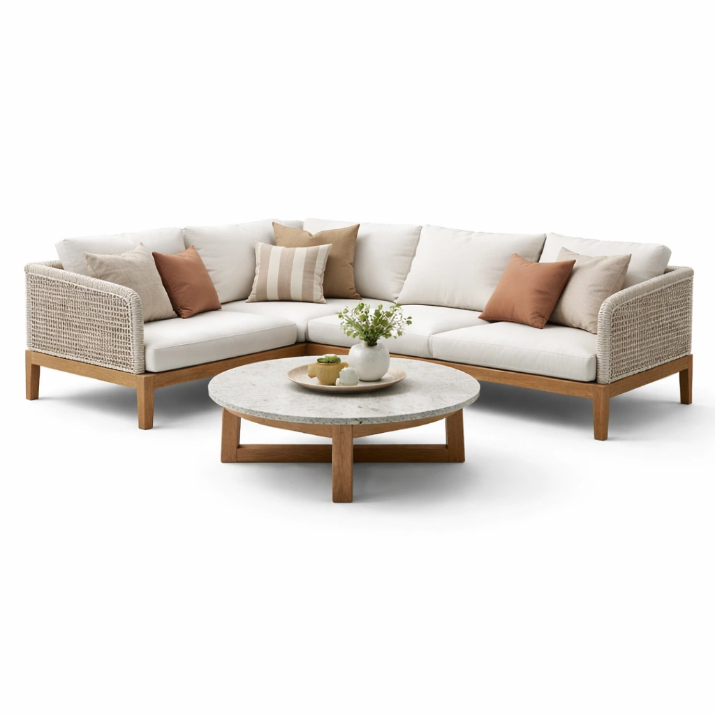 Garten Lounge Set Beige Holz Rattan Ecksofa Modern Tisch