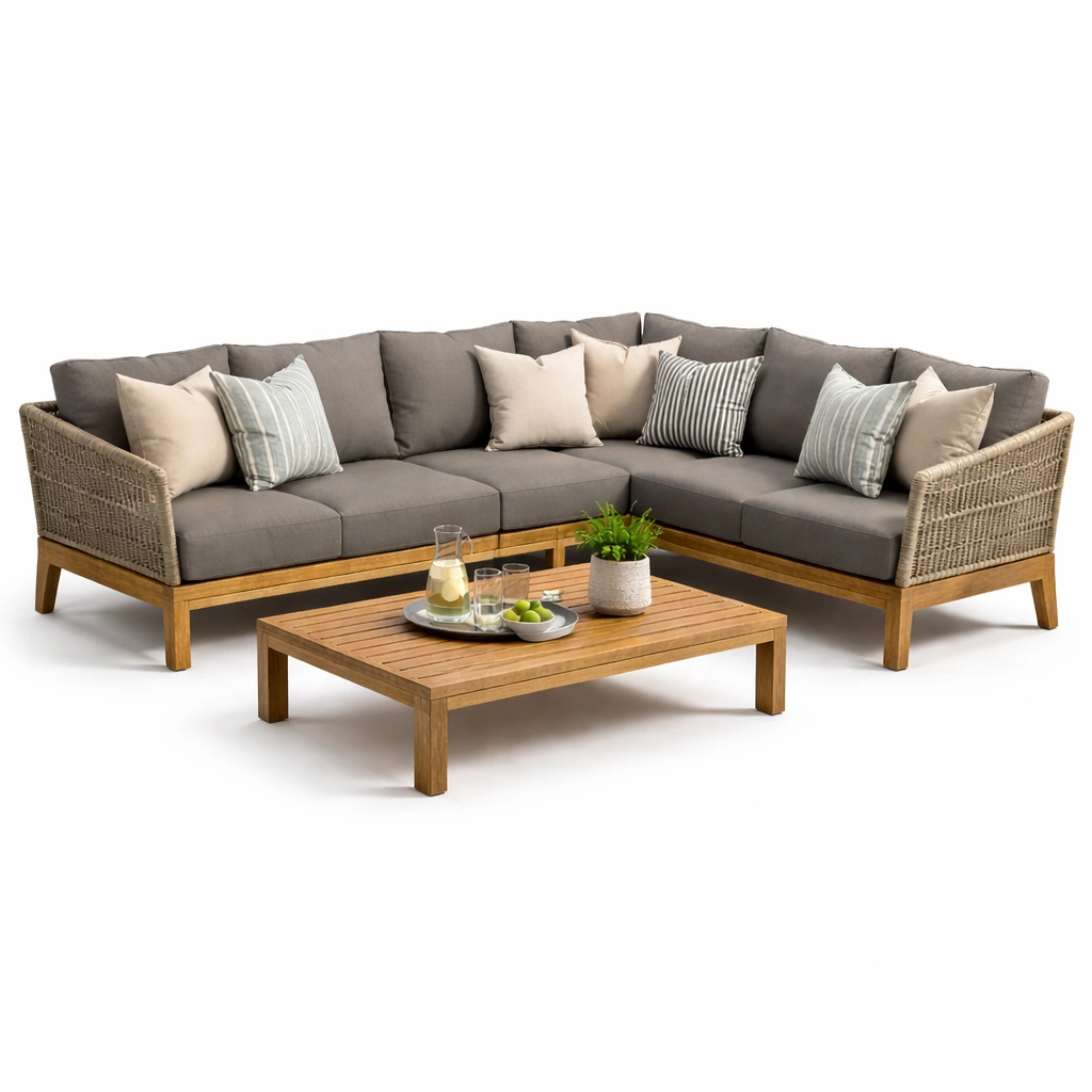 Garten Lounge Set Grau Holz Rattan Modern Ecksofa Tisch