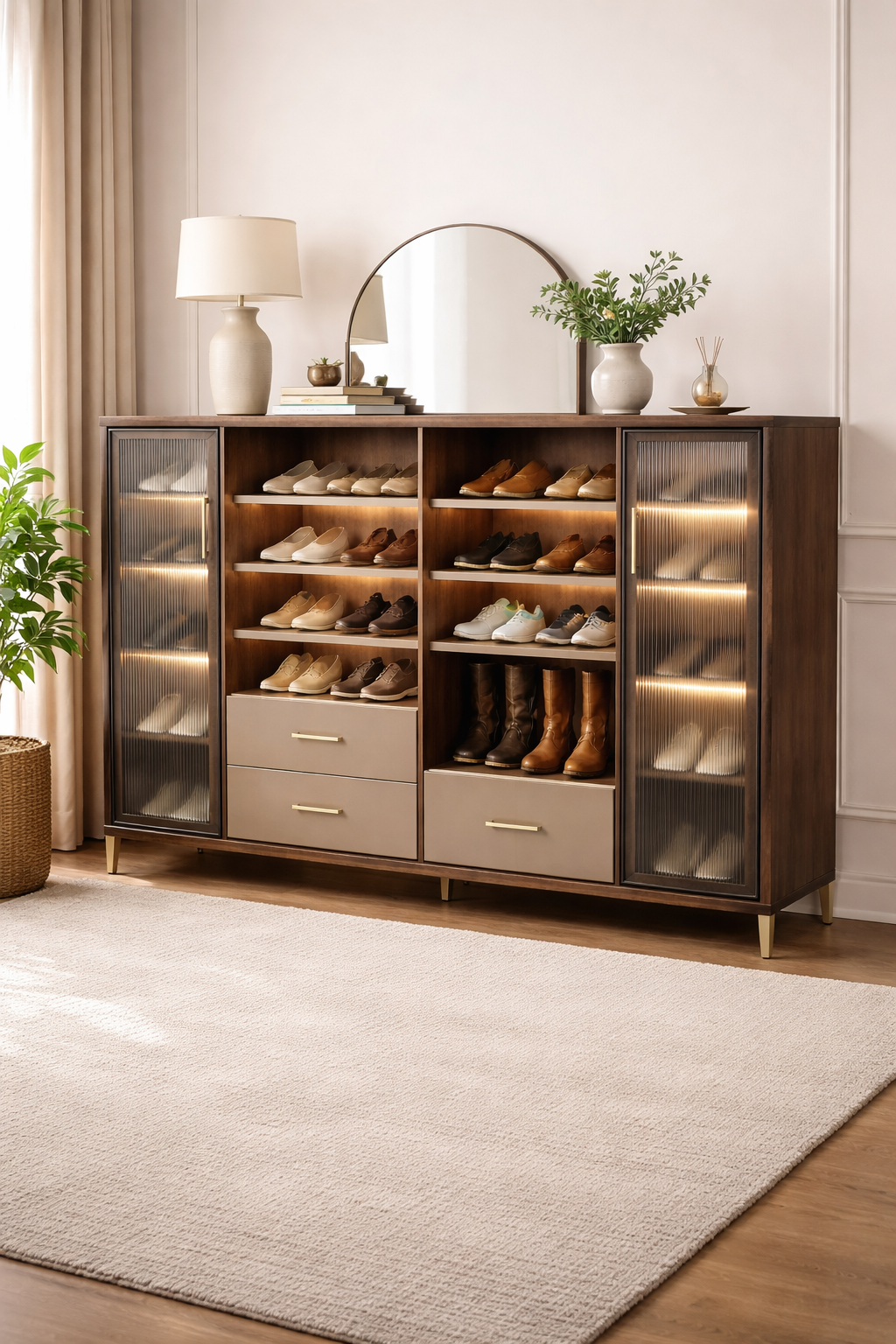 Schuhschrank Braun Holz Modern Mit Glas Tueren Gross