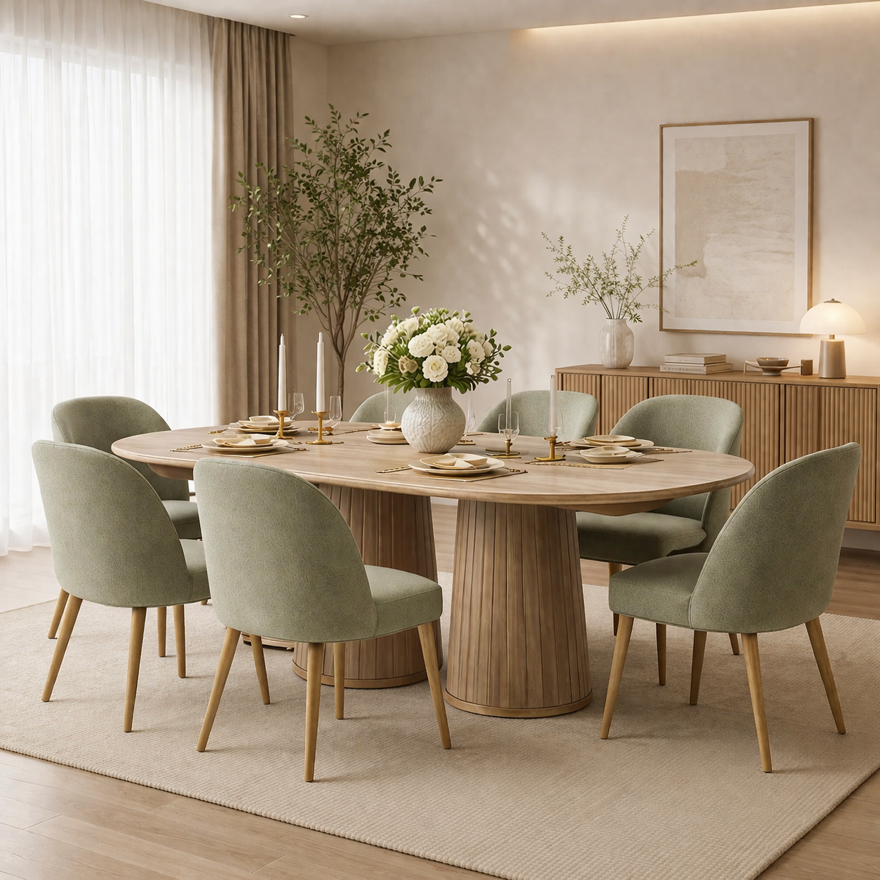 Esstisch Set Natur Holz Oval 6 Stuehle Modern Gross