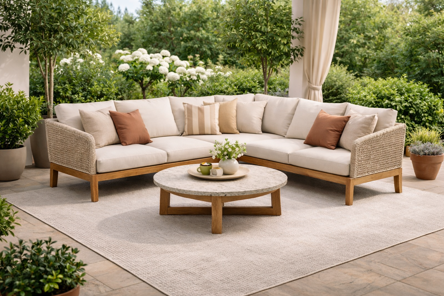 Garten Lounge Set Beige Holz Rattan Ecksofa Modern Tisch