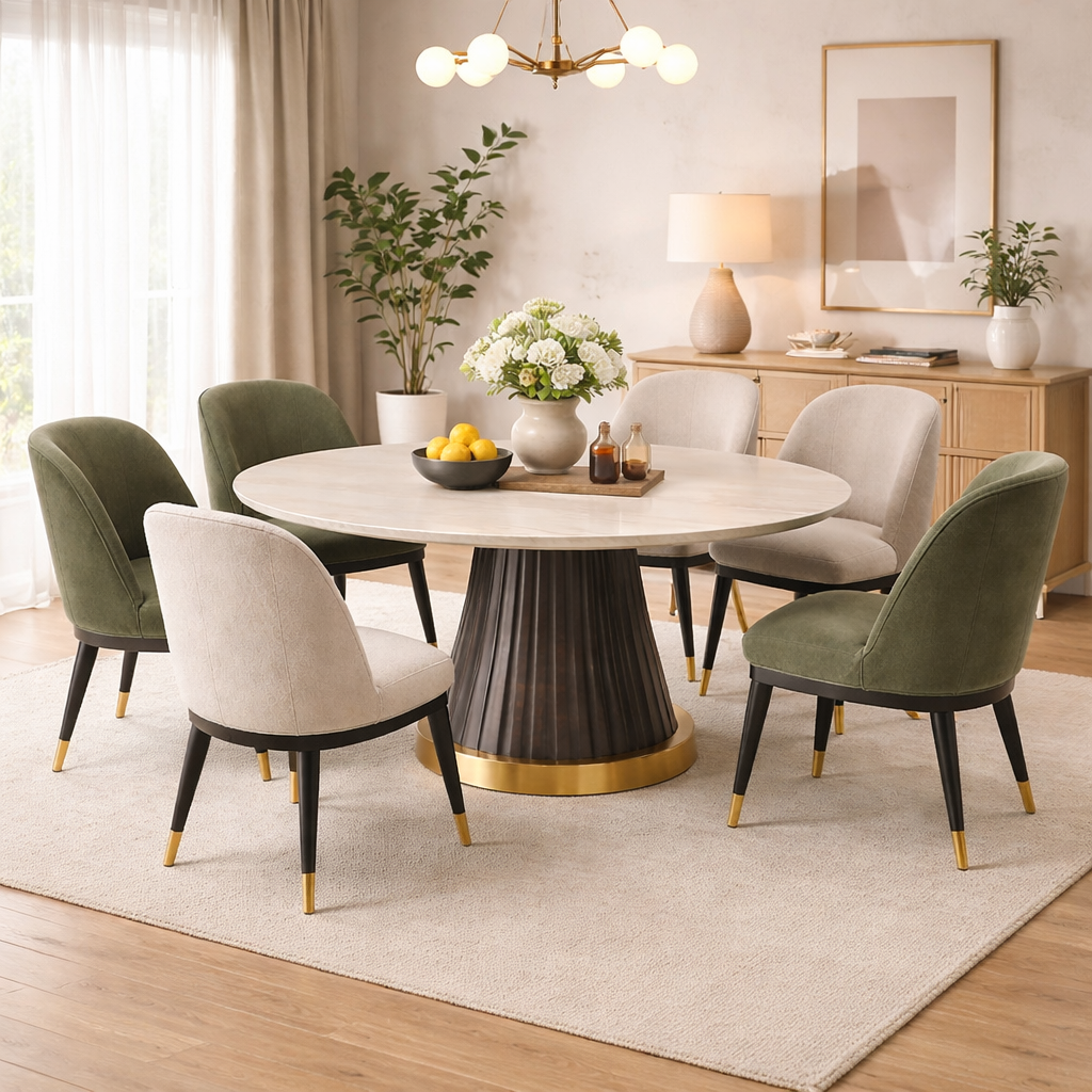 Esstisch Set Beige Gruen Rund Modern 6 Stuehle Komfort