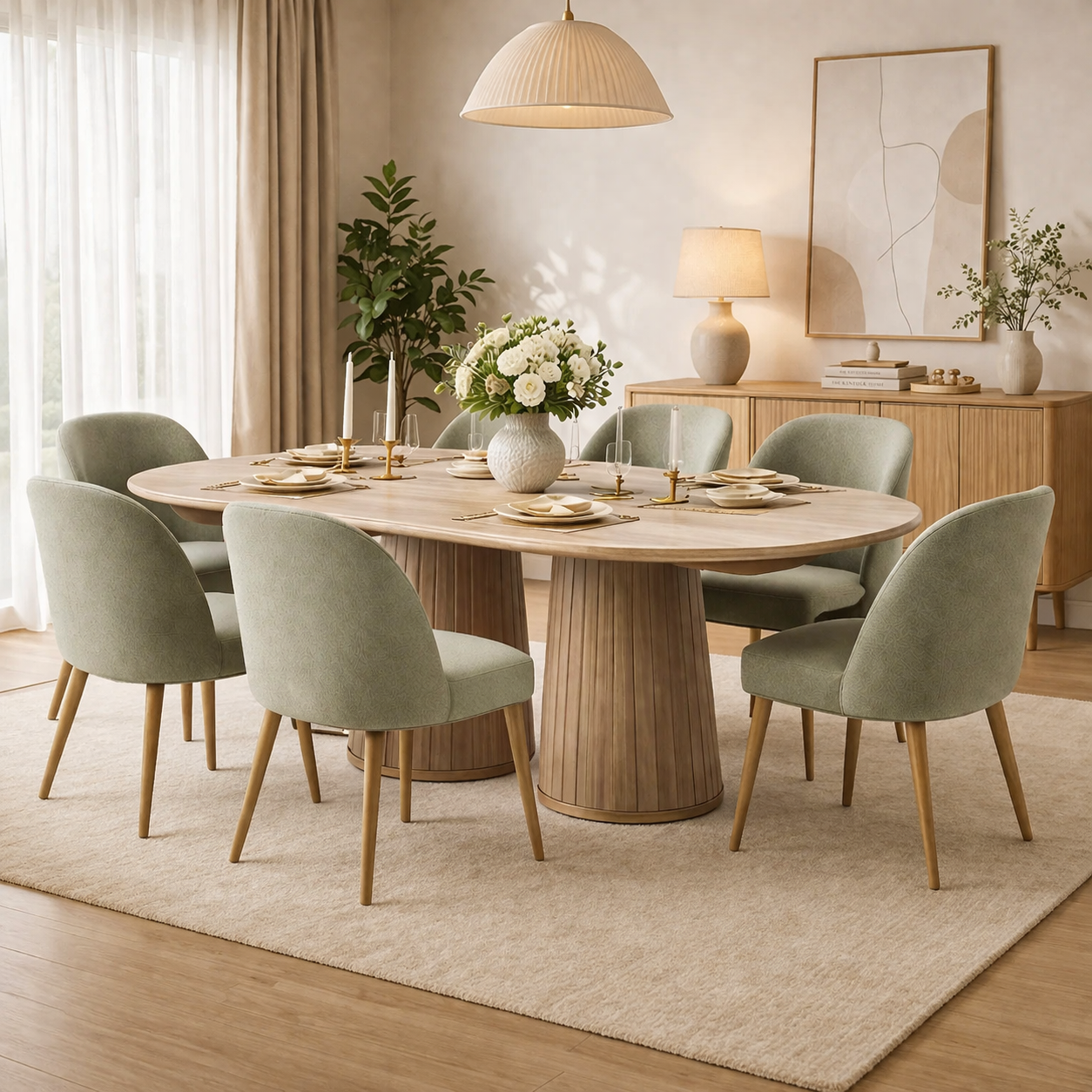 Esstisch Set Natur Holz Oval 6 Stuehle Modern Gross