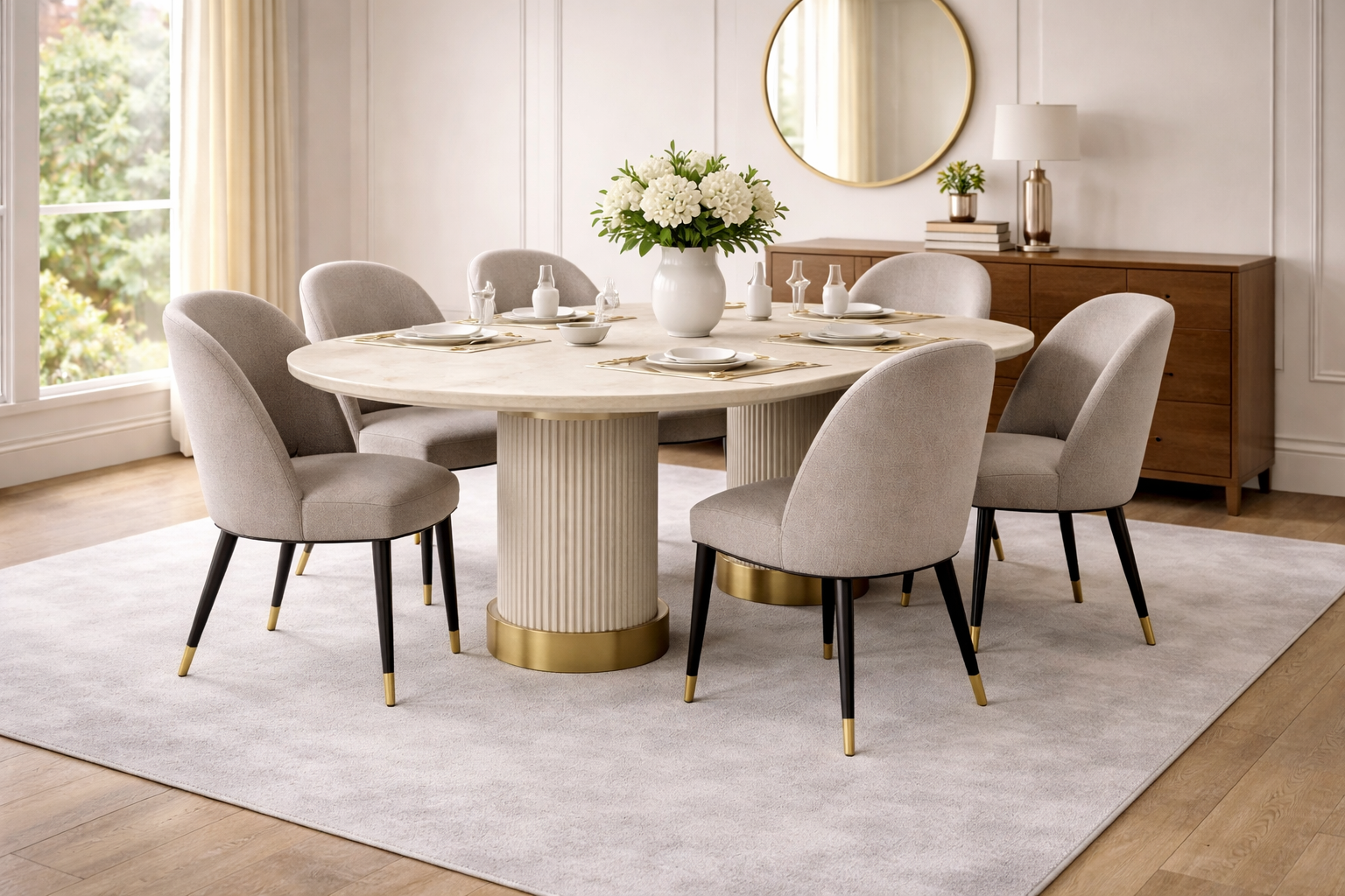 Esstisch Set Beige Rund Modern 6 Stuehle Komfort Design