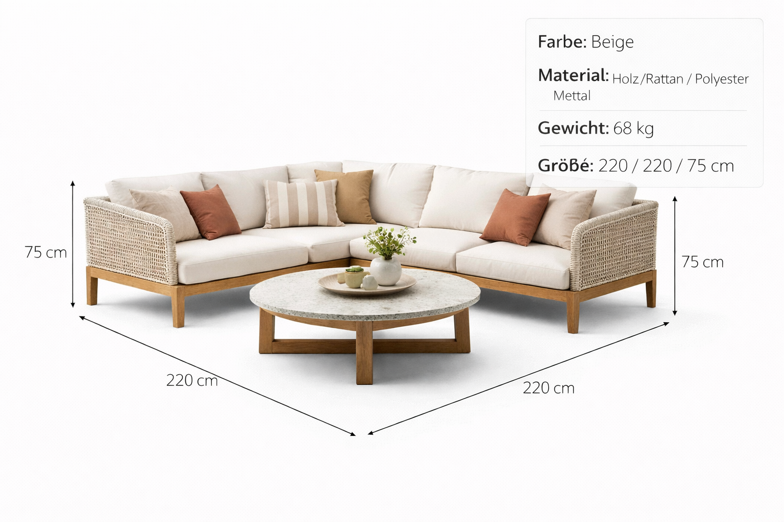 Garten Lounge Set Beige Holz Rattan Ecksofa Modern Tisch
