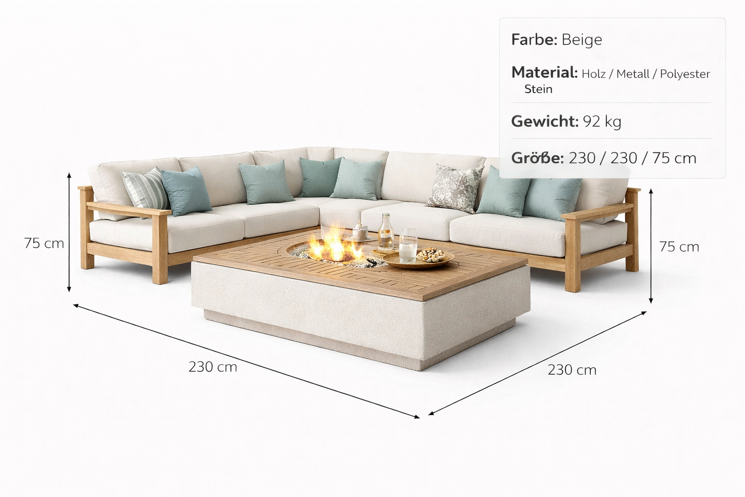 Garten Lounge Set Beige Holz Mit Feuer Tisch Modern