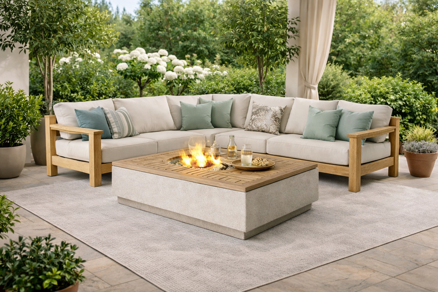 Garten Lounge Set Beige Holz Mit Feuer Tisch Modern