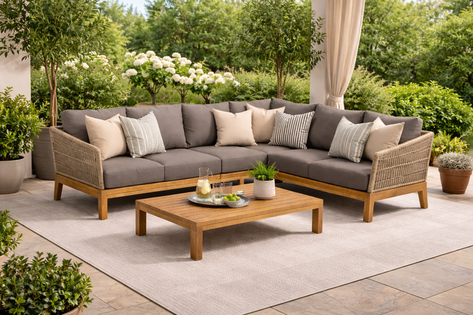Garten Lounge Set Grau Holz Rattan Modern Ecksofa Tisch