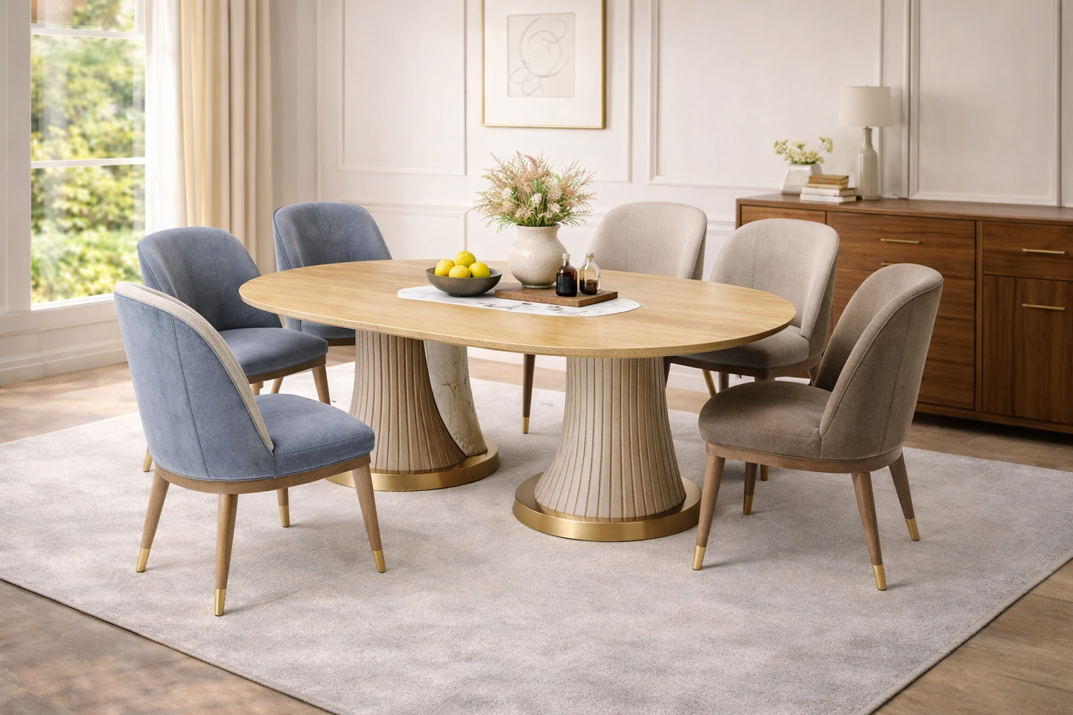 Esstisch Set Natur Blau Beige Oval 6 Stuehle Modern