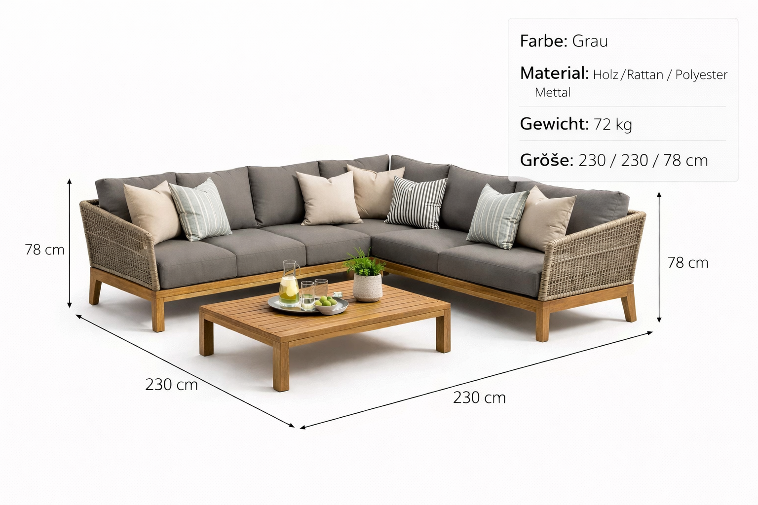 Garten Lounge Set Grau Holz Rattan Modern Ecksofa Tisch