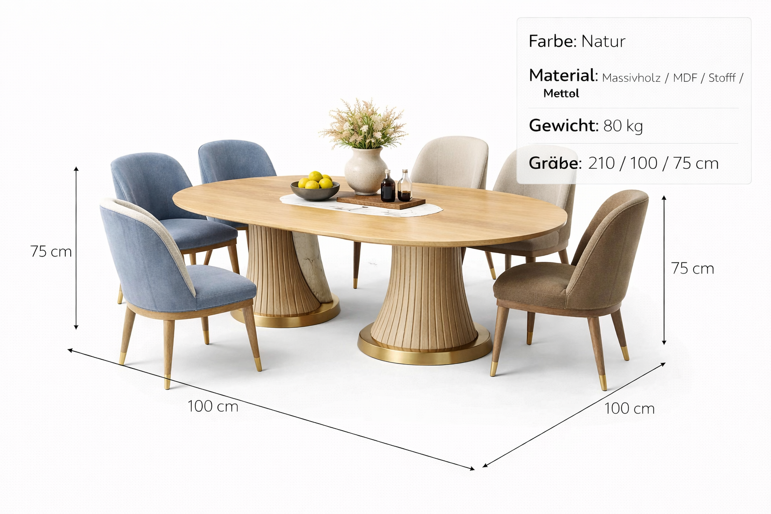 Esstisch Set Natur Blau Beige Oval 6 Stuehle Modern
