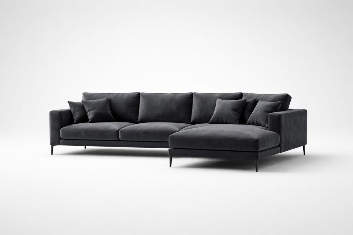 Ecksofa aus Polyesterstoff, Anthrazit, mit Stahlbeinen