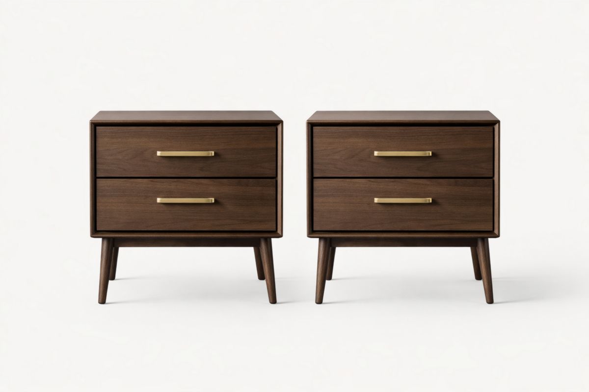 2er-Set Nachttische aus Walnussholz mit 2 Schubladen und Goldgriffen