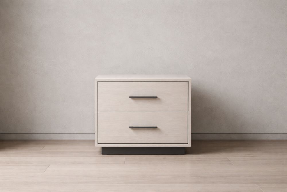 Nachttisch mit 2 Schubladen aus Holz und Metallgriffen, Beige