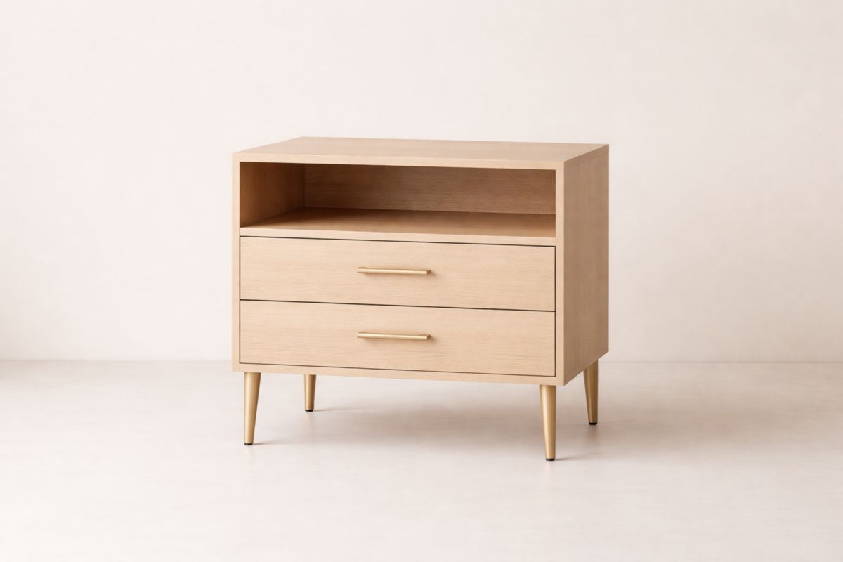 Nachttisch Holzfurnier Eiche Zweischubladig Goldbeine