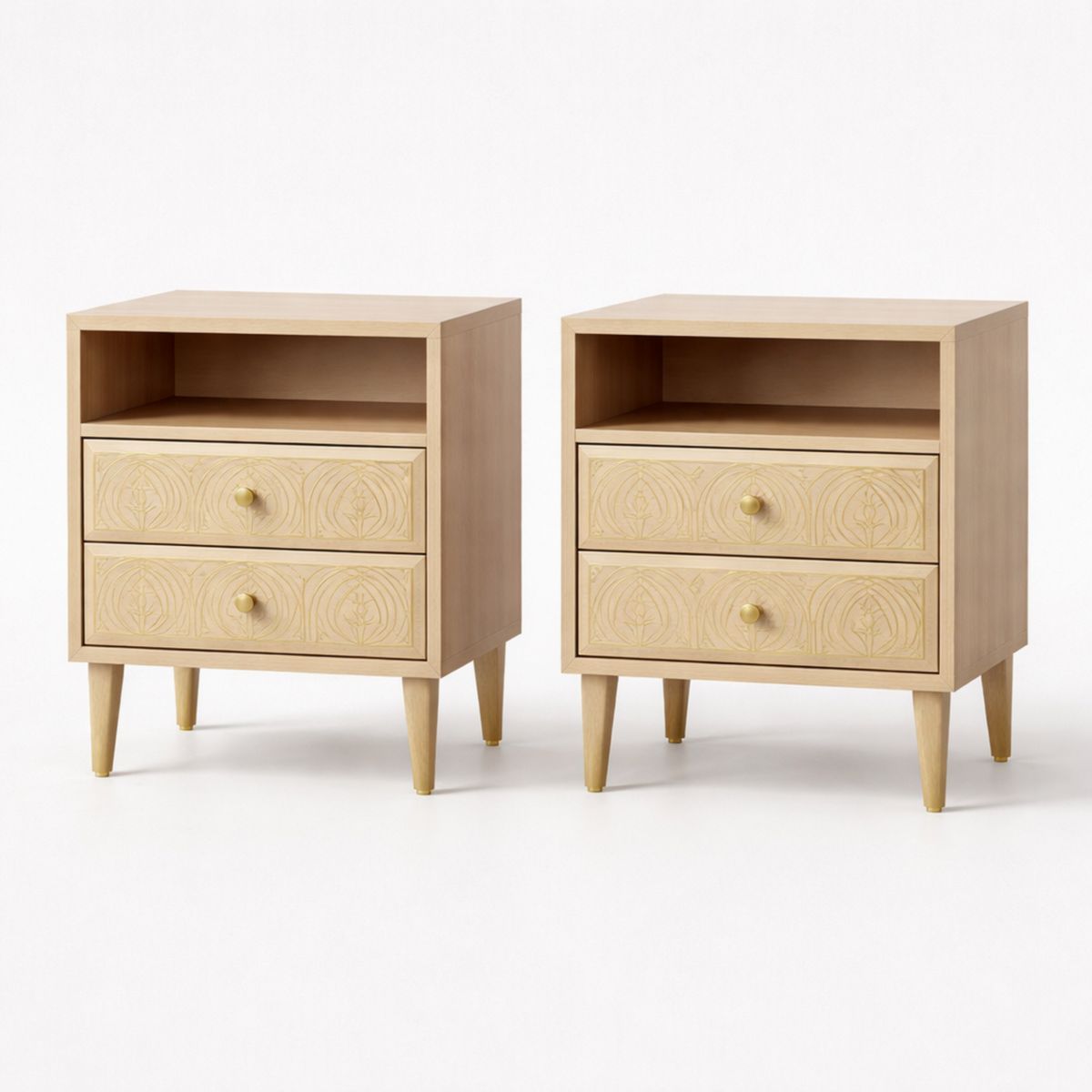 Holz-Nachttisch Set mit 2 Schubladen und offenem Fach Natur