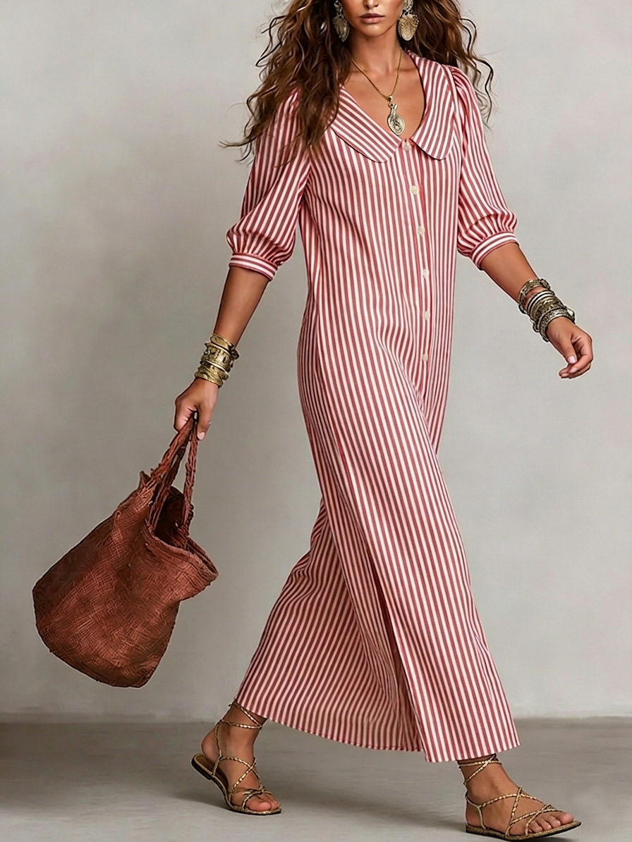 New Arrivals🔥 Women's Retro Peter Pan Collar Striped Cotton Linen Dress