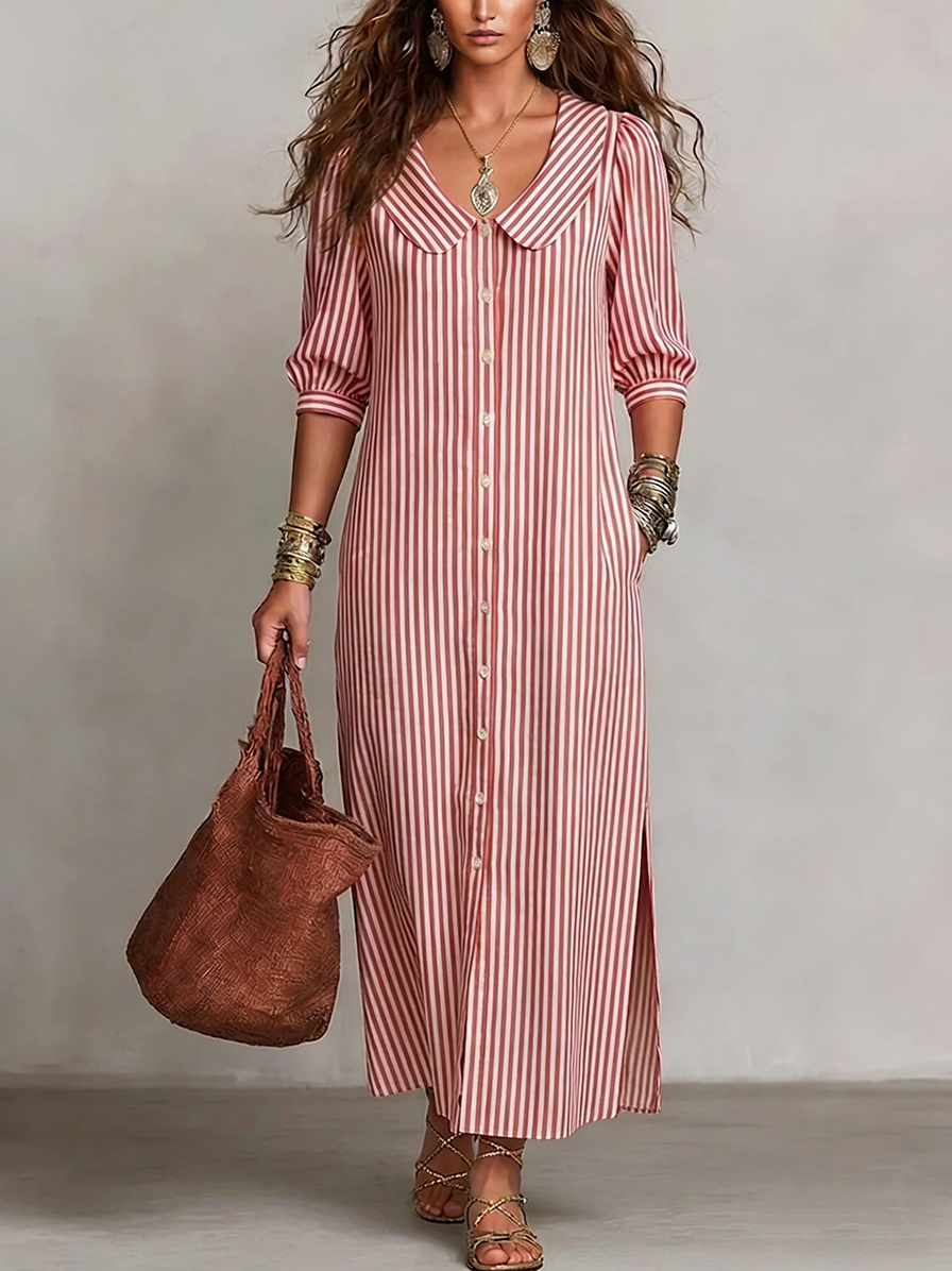 New Arrivals🔥 Women's Retro Peter Pan Collar Striped Cotton Linen Dress