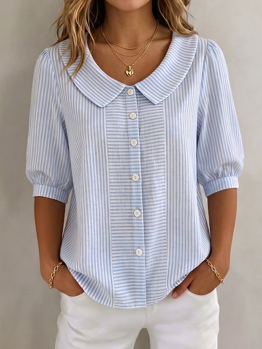 Retro Peter Pan Collar Artistic Striped Cotton-linen Blouse