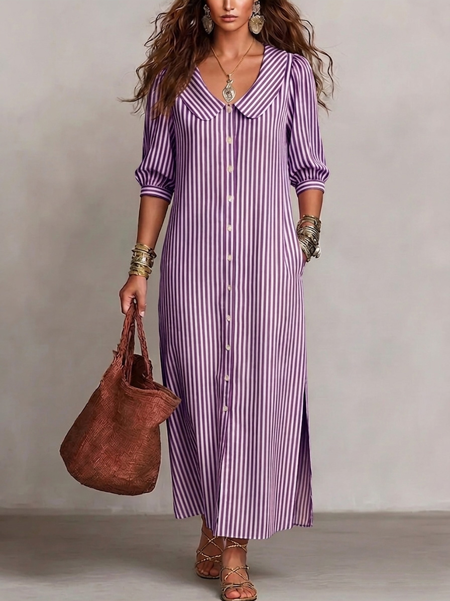 New Arrivals🔥 Women's Retro Peter Pan Collar Striped Cotton Linen Dress