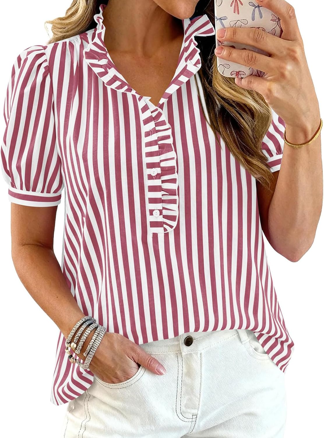 Women's Striped Ruffle Neck Blouse - Short Puff Sleeve Casual Button Front Shirt