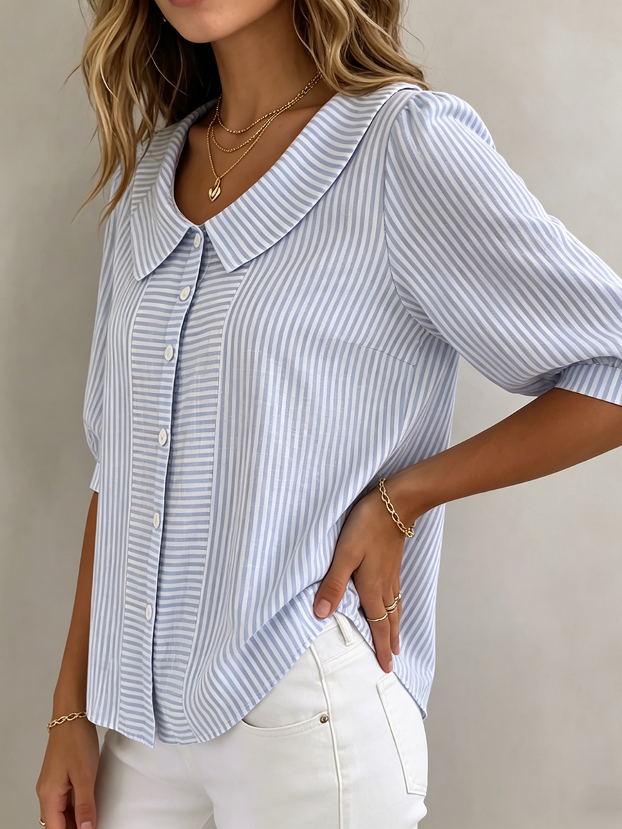 Retro Peter Pan Collar Artistic Striped Cotton-linen Blouse