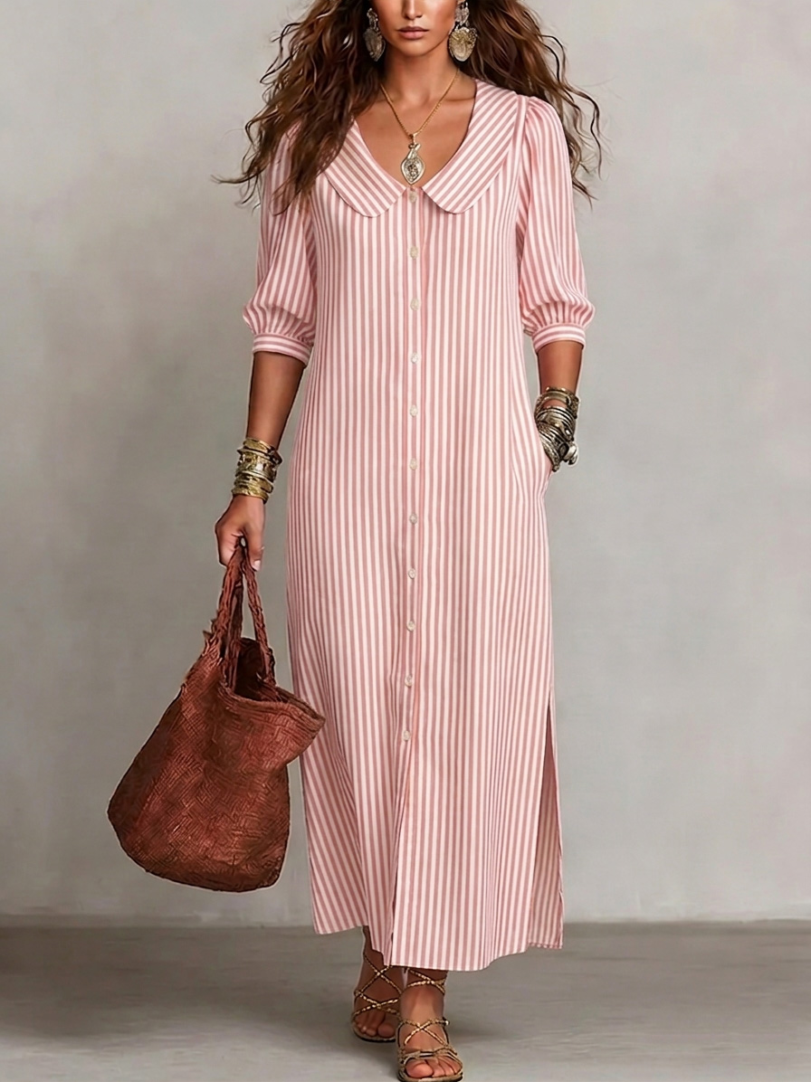 New Arrivals🔥 Women's Retro Peter Pan Collar Striped Cotton Linen Dress