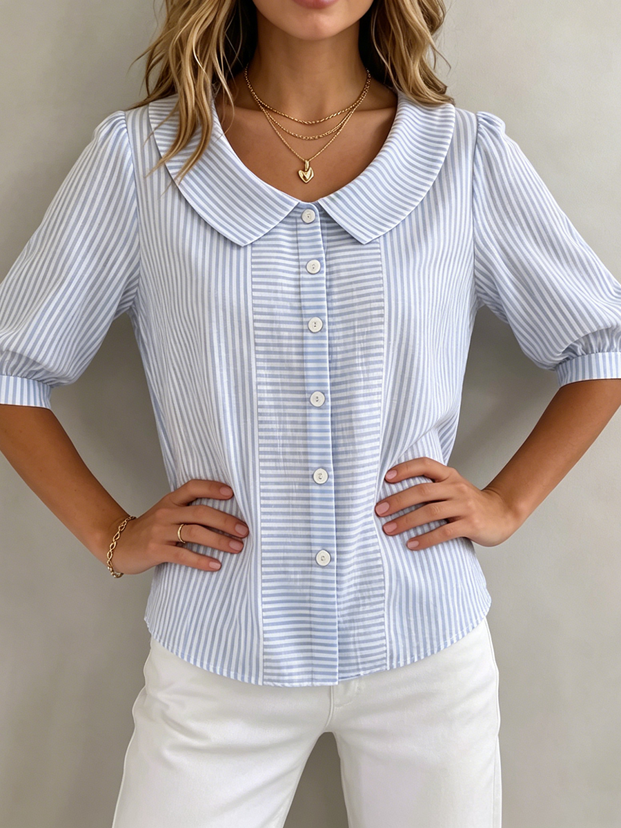 Retro Peter Pan Collar Artistic Striped Cotton-linen Blouse