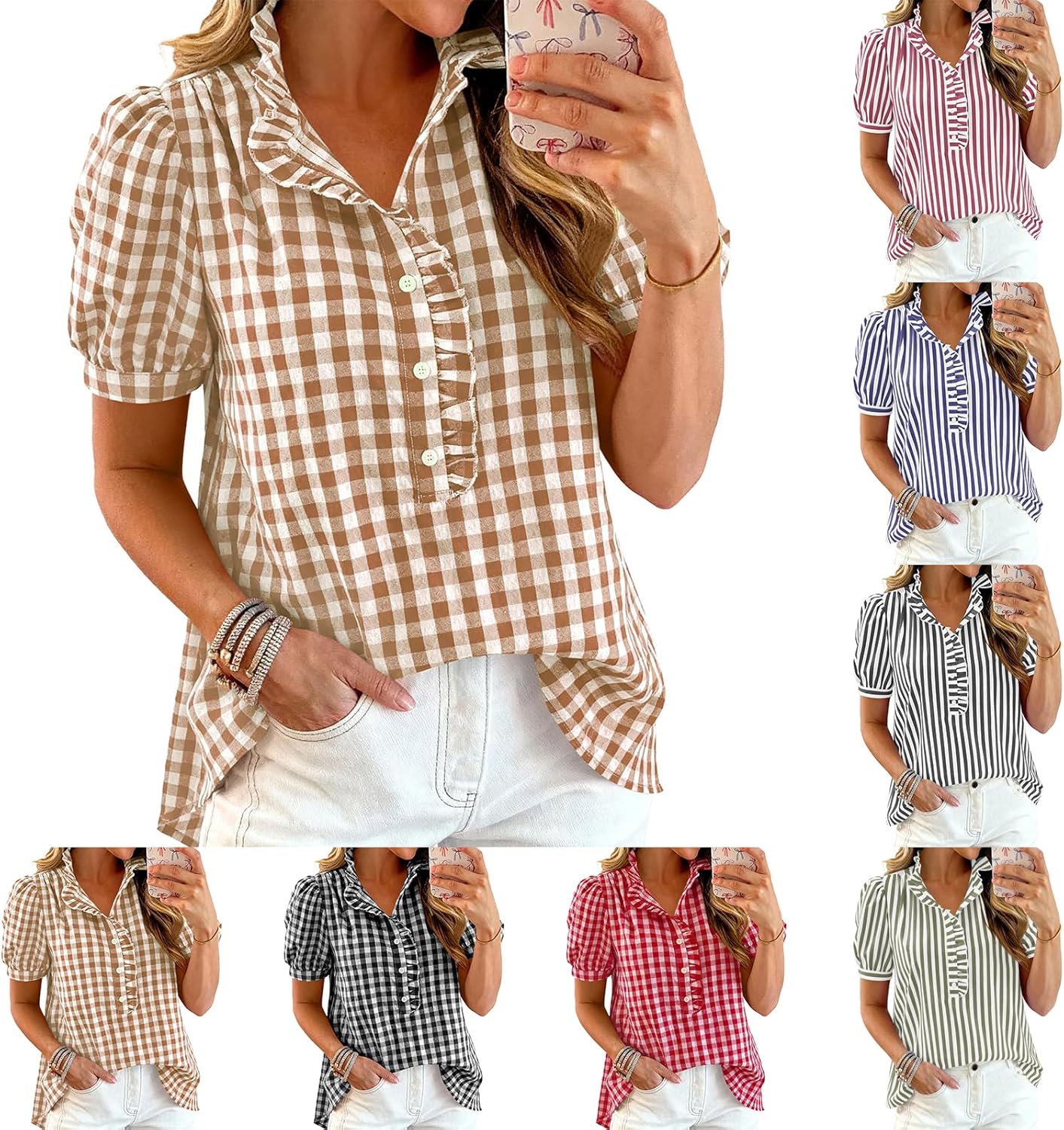 Women's Striped Ruffle Neck Blouse - Short Puff Sleeve Casual Button Front Shirt