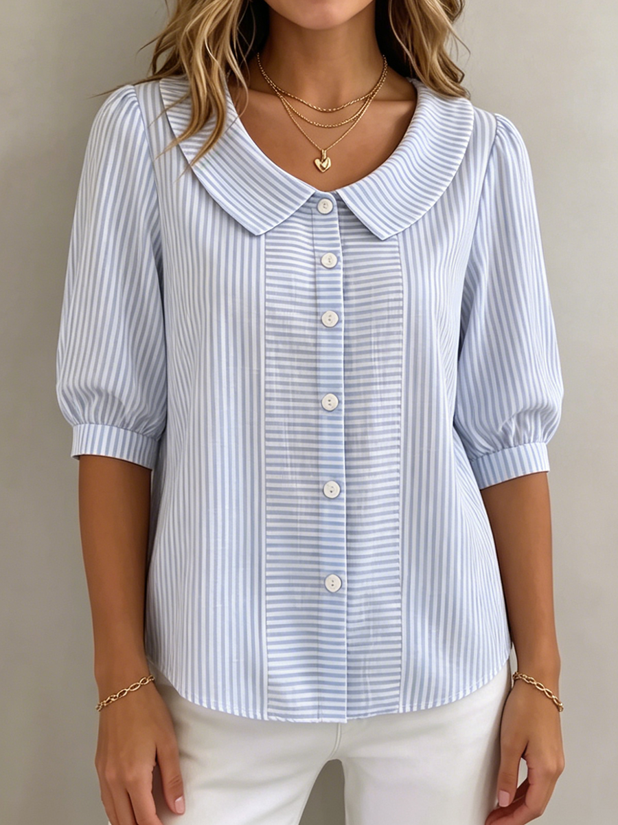 Retro Peter Pan Collar Artistic Striped Cotton-linen Blouse