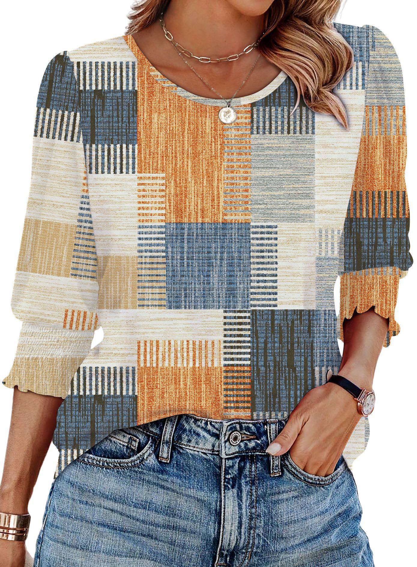 Damen lässiges Rundhals-3/4-Arm-Top Sommer bedrucktes Casual T-Shirt